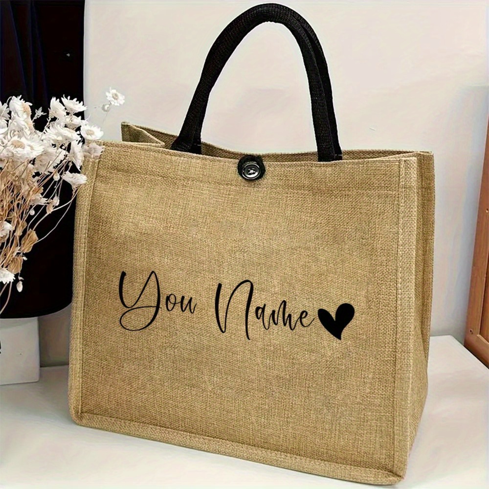 Linen Bag Bulk - Personalisierte Leinen-Tragetasche mit Liebes-Herz-Symbol-Aufdruck, wiederverwendbare Einkaufstasche,
