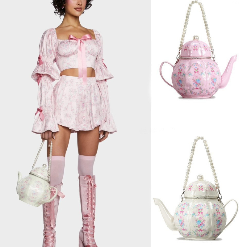 Linen Bag Bulk - Teekanne-Umhängetasche mit Perlenkette für Damen, Umhängetaschen,